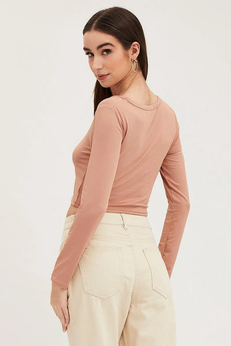 Taupe Crop Top Smooth Long Sleeve Scoop Neck sold by Ally Fashion product image thumbnail 5