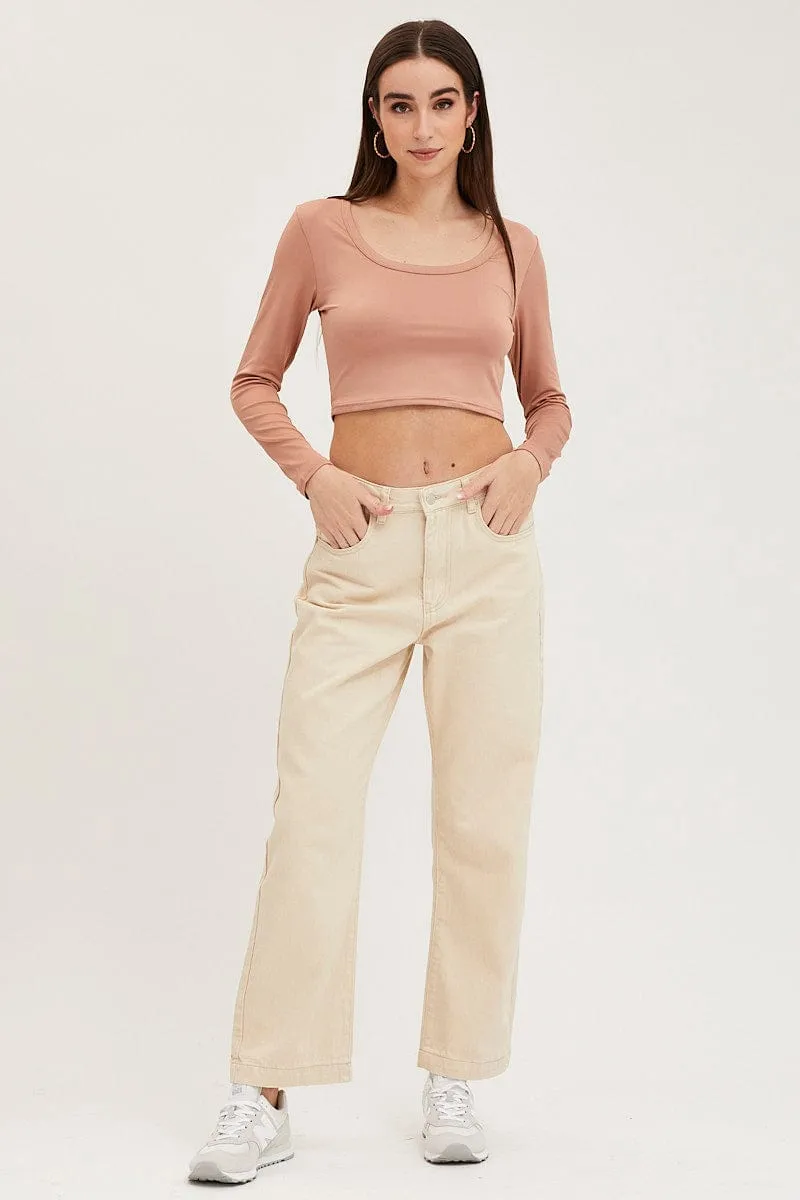 Taupe Crop Top Smooth Long Sleeve Scoop Neck sold by Ally Fashion product image thumbnail 2