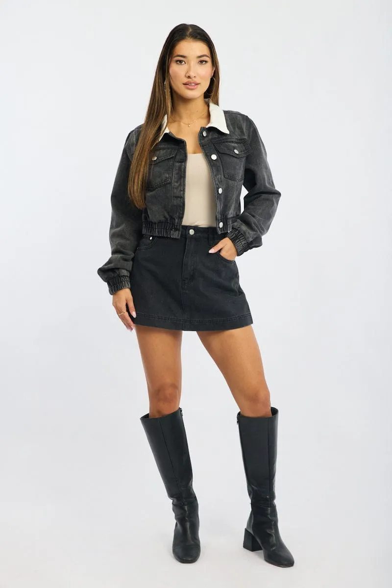 Black Crop Jacket With Contrast Collar sold by Ally Fashion product image thumbnail 3