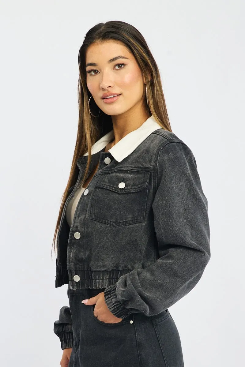 Black Crop Jacket With Contrast Collar sold by Ally Fashion product image thumbnail 4