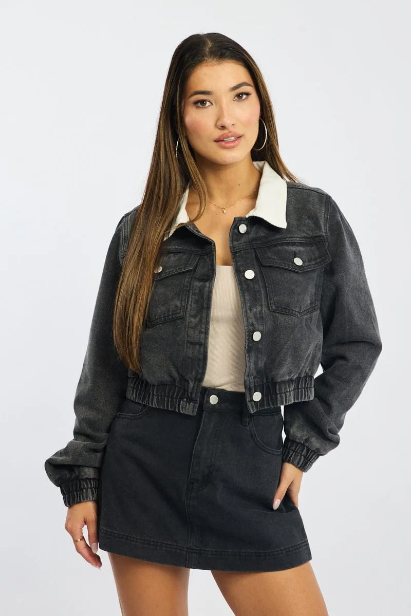 Black Crop Jacket With Contrast Collar sold by Ally Fashion product image thumbnail 2