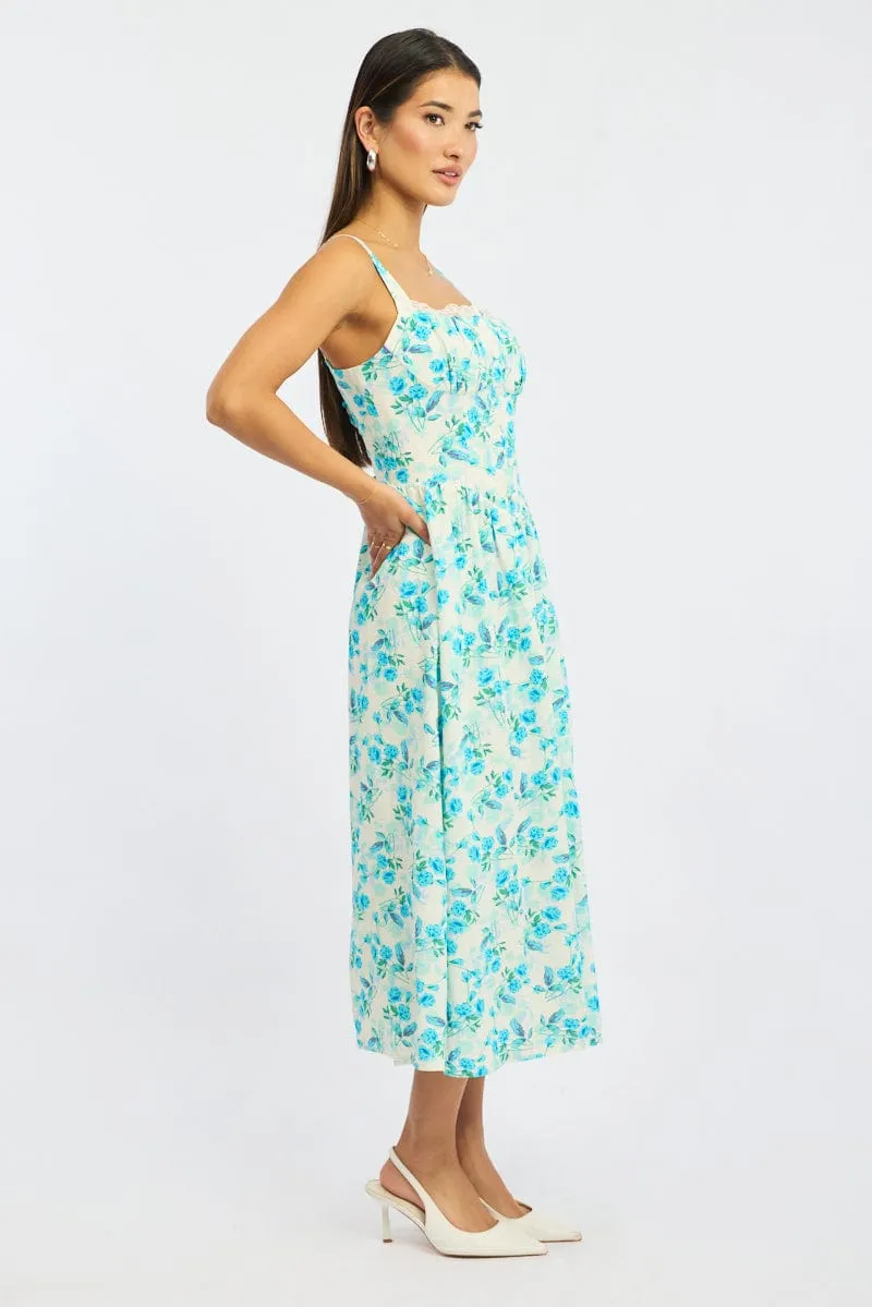 Blue Floral Midi Dress Gathered Bust Lace Trim sold by Ally Fashion product image thumbnail 3