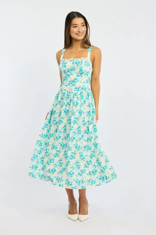 Blue Floral Midi Dress Gathered Bust Lace Trim sold by Ally Fashion