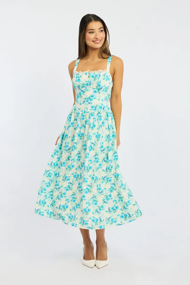Blue Floral Midi Dress Gathered Bust Lace Trim sold by Ally Fashion