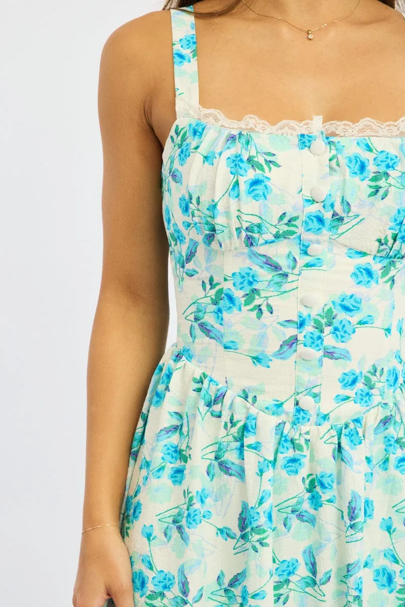 Blue Floral Midi Dress Gathered Bust Lace Trim sold by Ally Fashion product image thumbnail 5