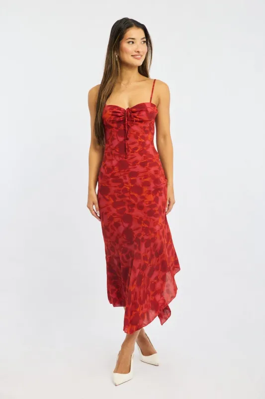 Red Floral Midi Dress Gathered Bust Strappy sold by Ally Fashion