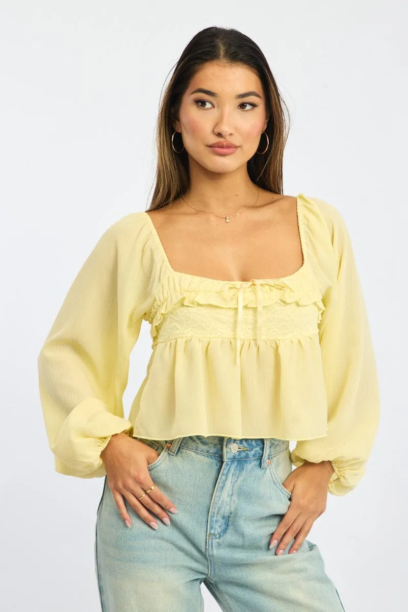 Yellow Lace Frill Top Long Sleeve Square Neck sold by Ally Fashion