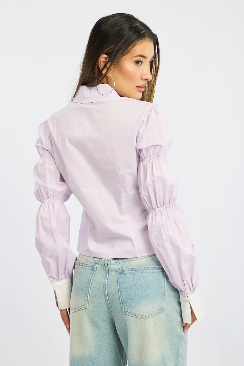 Purple Shirt Long Sleeve Collared Shirred Button Up sold by Ally Fashion product image thumbnail 4
