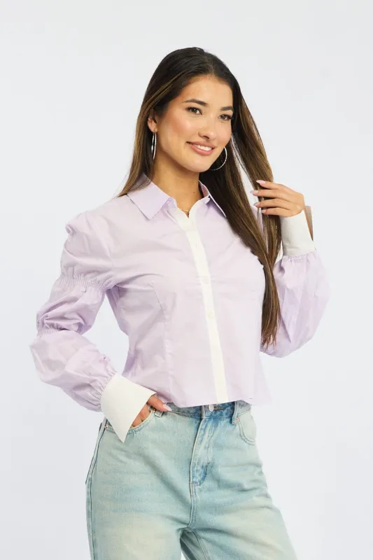 Purple Shirt Long Sleeve Collared Shirred Button Up sold by Ally Fashion