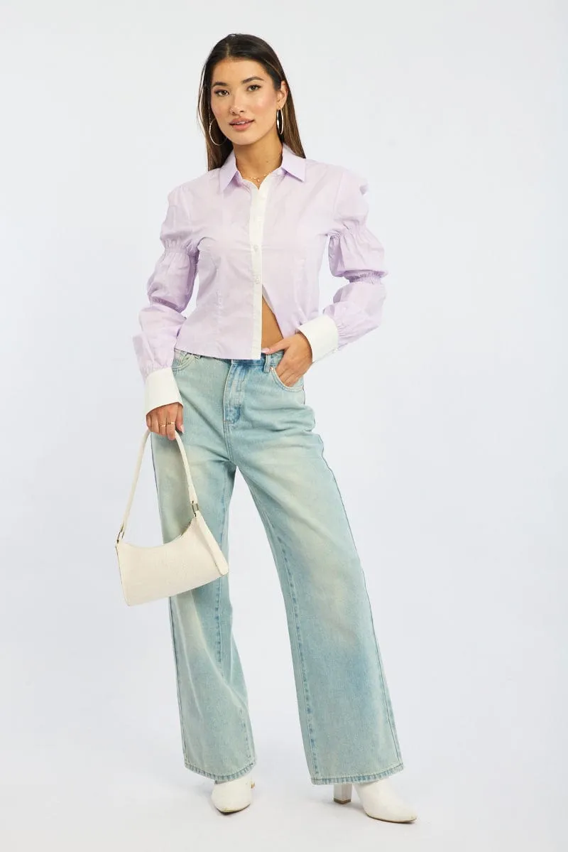 Purple Shirt Long Sleeve Collared Shirred Button Up sold by Ally Fashion product image thumbnail 2
