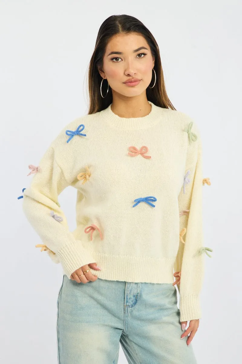 White Knit Top Long Sleeve Bow Trim sold by Ally Fashion