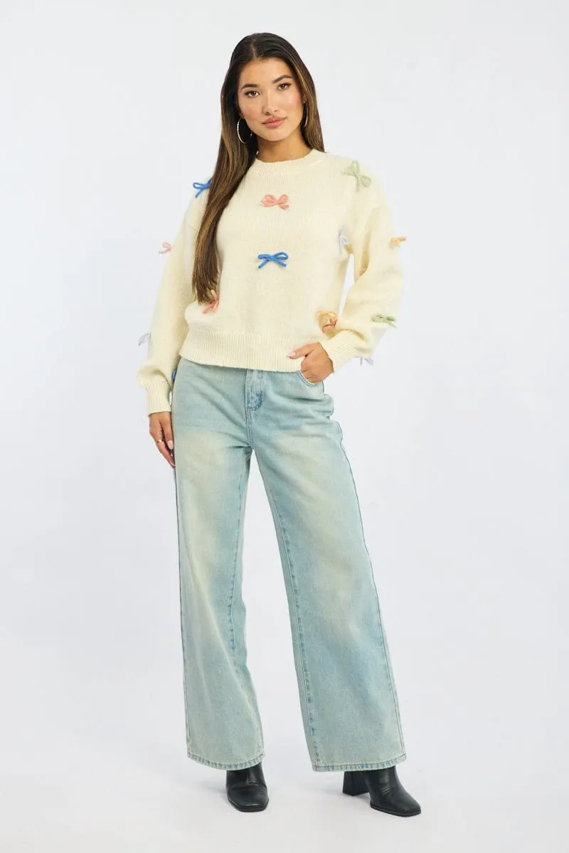 White Knit Top Long Sleeve Bow Trim sold by Ally Fashion product image thumbnail 2