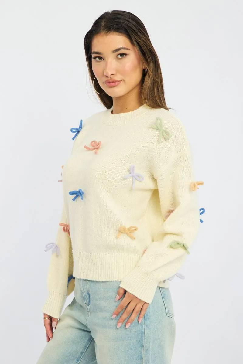 White Knit Top Long Sleeve Bow Trim sold by Ally Fashion product image thumbnail 3