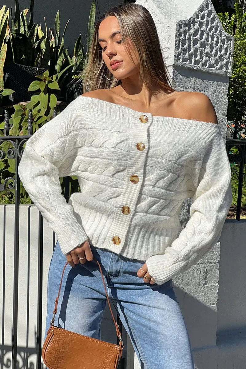 White Cable Knit Cardigan Bardot sold by Ally Fashion