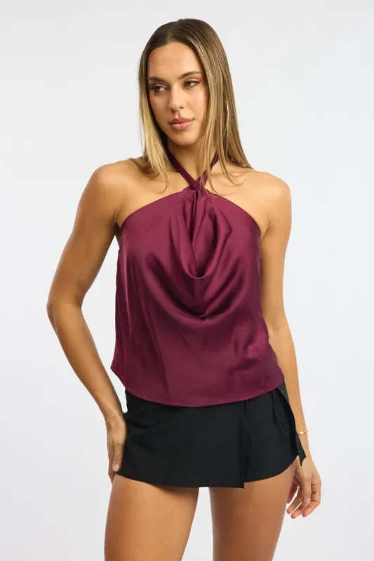 Red Halter Top Cowl Neck Sleeveless Satin sold by Ally Fashion