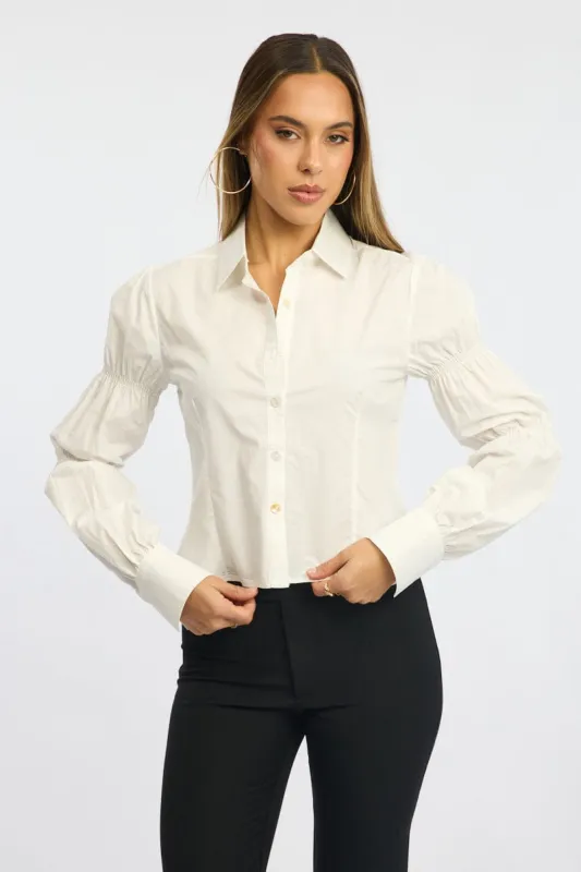 White Shirt Long Sleeve Collared Shirred Button Up sold by Ally Fashion