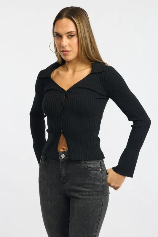 Black Knit Cardigan Collar V-neck Long Sleeve sold by Ally Fashion
