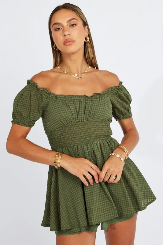 Green Shirred Playsuit Short Sleeve Self Check sold by Ally Fashion