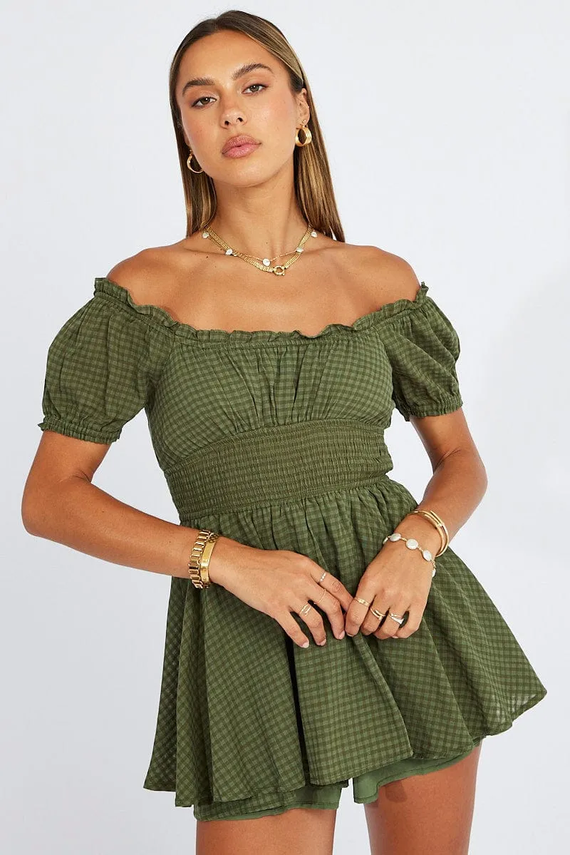 Green Shirred Playsuit Short Sleeve Self Check sold by Ally Fashion