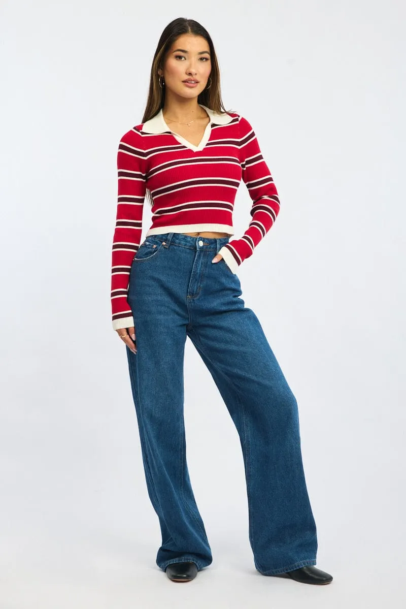 Red Stripe Knit Top Long Sleeve Collar sold by Ally Fashion product image thumbnail 3