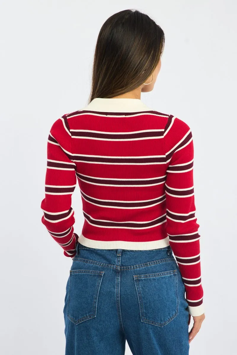 Red Stripe Knit Top Long Sleeve Collar sold by Ally Fashion product image thumbnail 5