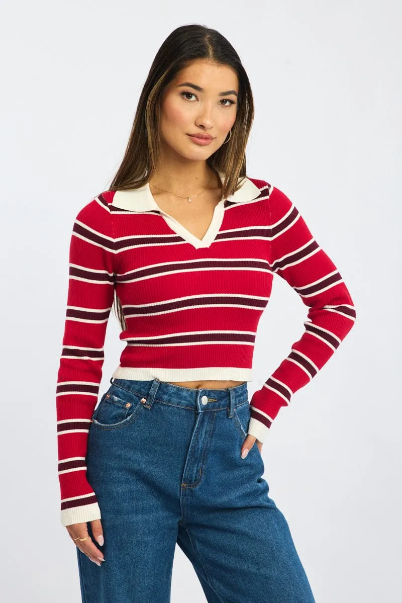 Red Stripe Knit Top Long Sleeve Collar sold by Ally Fashion product image thumbnail 2