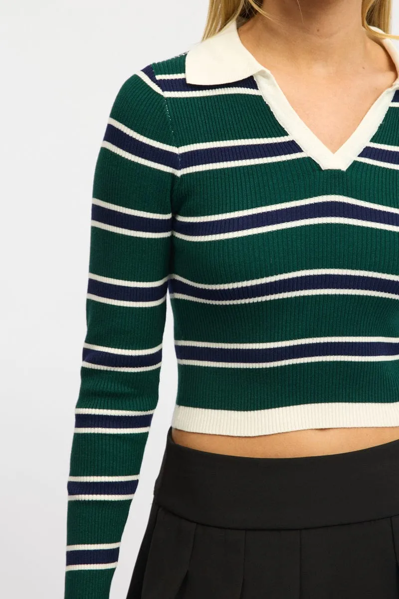 Green Stripe Knit Top Long Sleeve Collar sold by Ally Fashion product image thumbnail 5