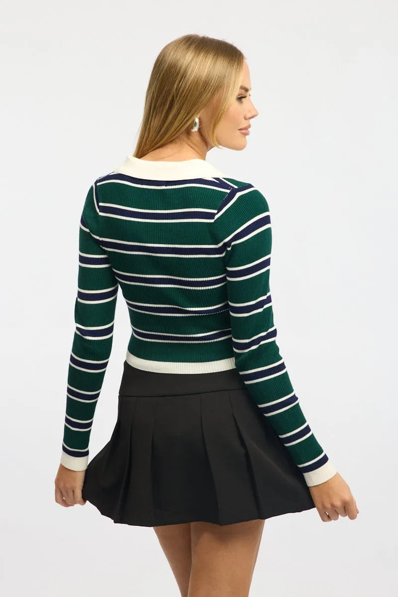 Green Stripe Knit Top Long Sleeve Collar sold by Ally Fashion product image thumbnail 4