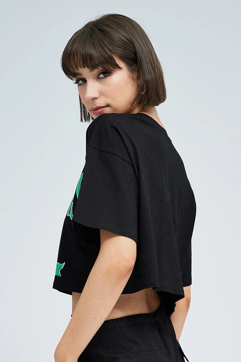 Black Graphic Crop T Shirt Short Sleeve Crew Neck sold by Ally Fashion product image thumbnail 4