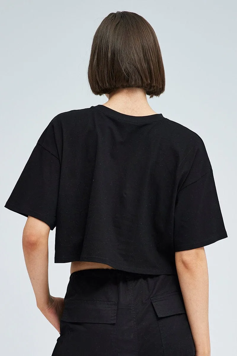 Black Graphic Crop T Shirt Short Sleeve Crew Neck sold by Ally Fashion product image thumbnail 5