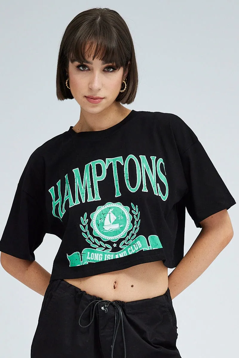 Black Graphic Crop T Shirt Short Sleeve Crew Neck sold by Ally Fashion product image thumbnail 3
