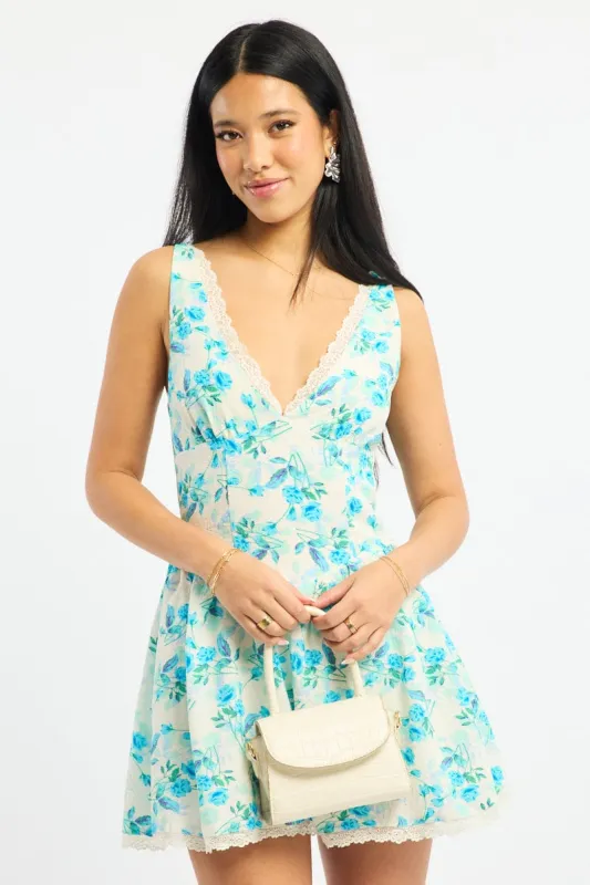 Blue Floral Mini Dress V-neck Lace Trim sold by Ally Fashion