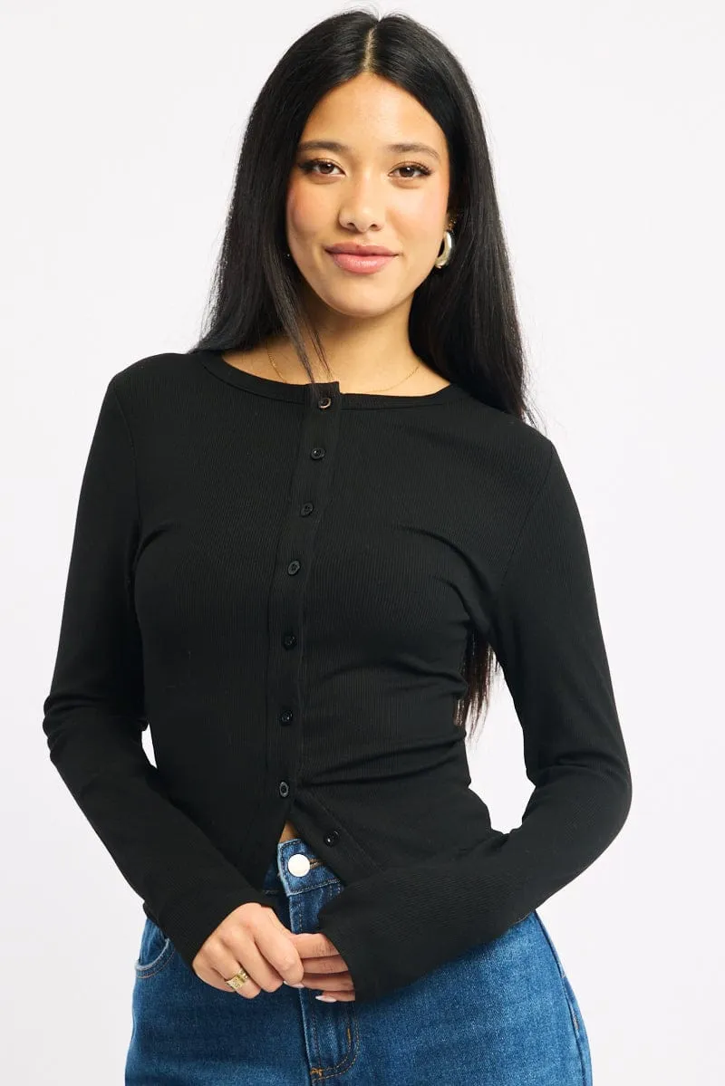 Black Button Front Top Long Sleeve sold by Ally Fashion
