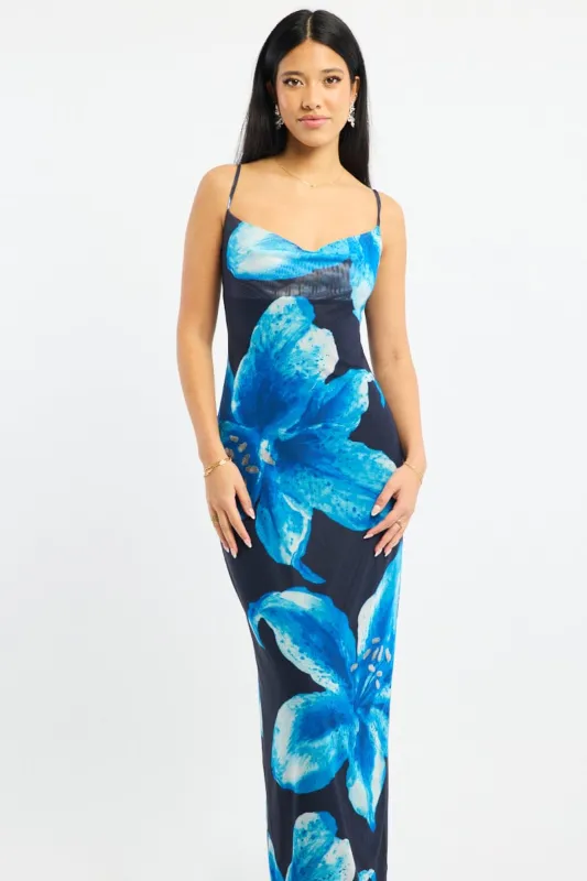Blue Floral Maxi Dress Cowl Neck Mesh sold by Ally Fashion