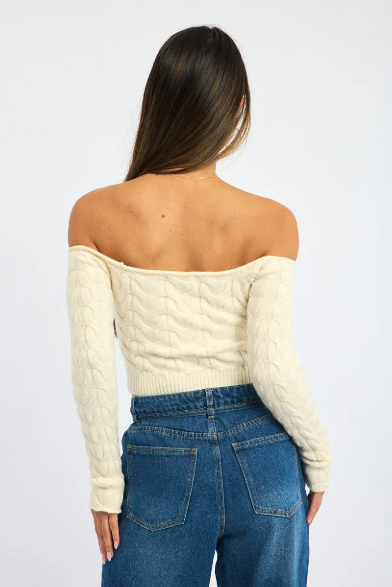 White Cable Knit Top Long Sleeve Off Shoulder sold by Ally Fashion product image thumbnail 4