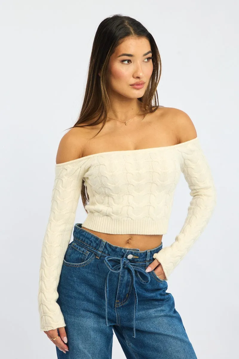 White Cable Knit Top Long Sleeve Off Shoulder sold by Ally Fashion