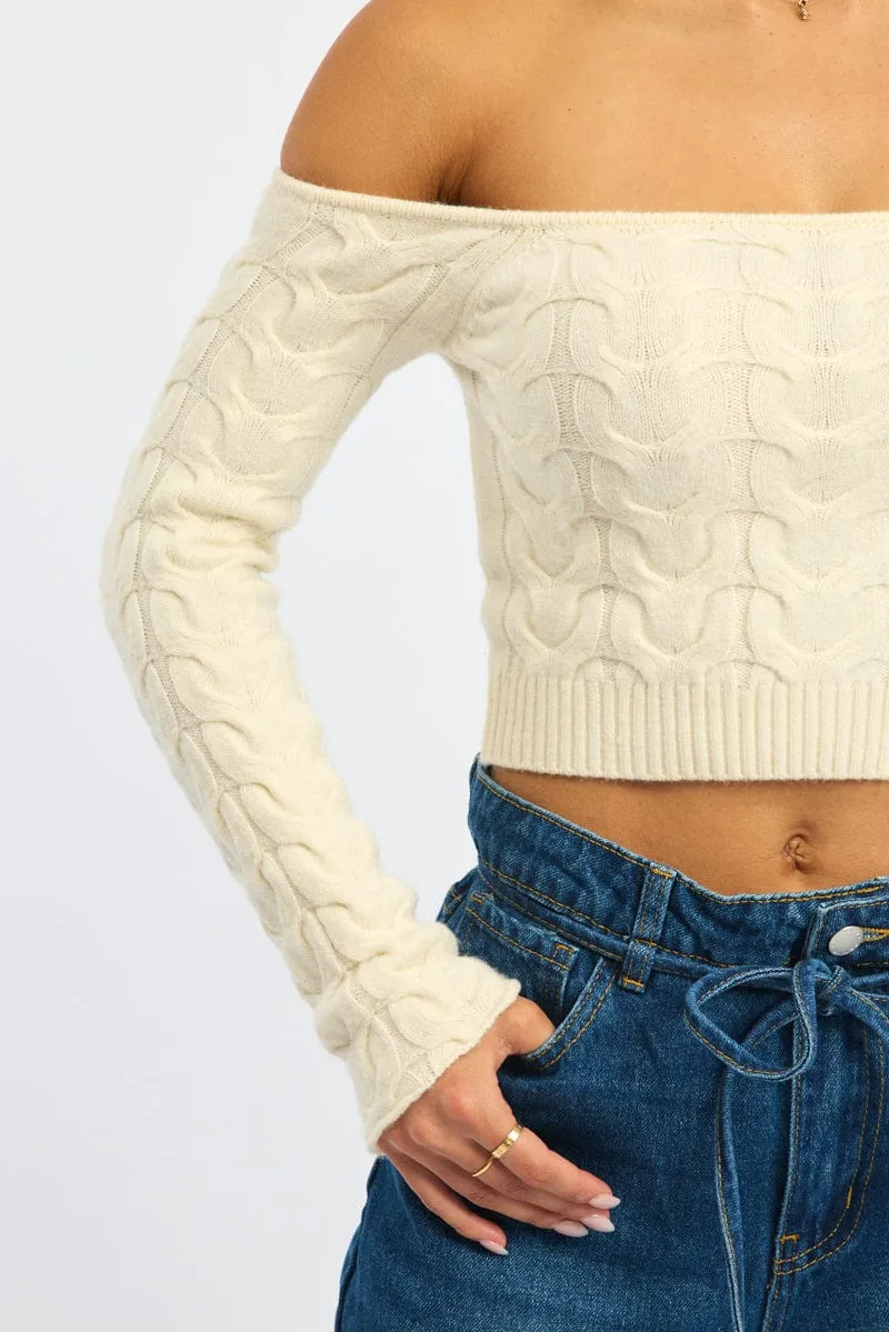 White Cable Knit Top Long Sleeve Off Shoulder sold by Ally Fashion product image thumbnail 5