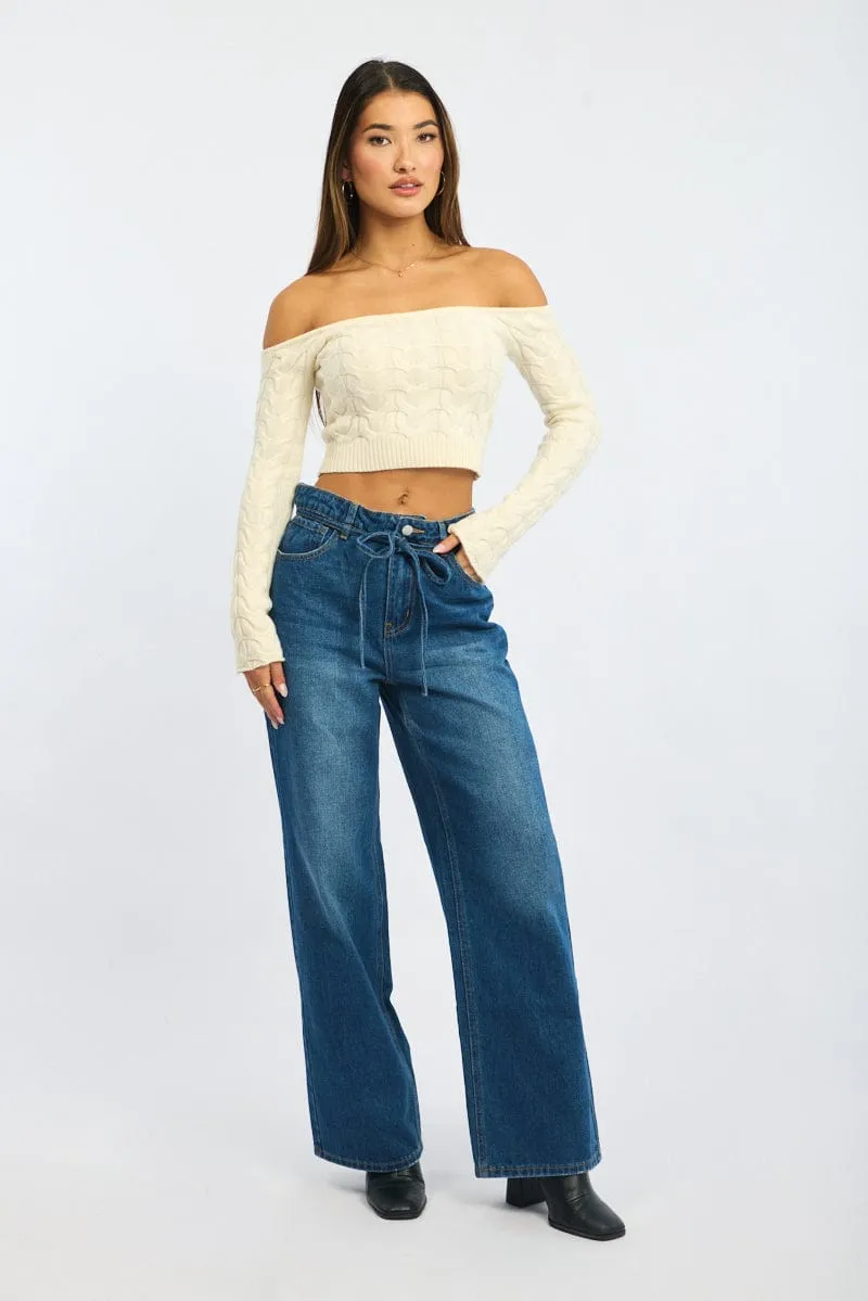 White Cable Knit Top Long Sleeve Off Shoulder sold by Ally Fashion product image thumbnail 2