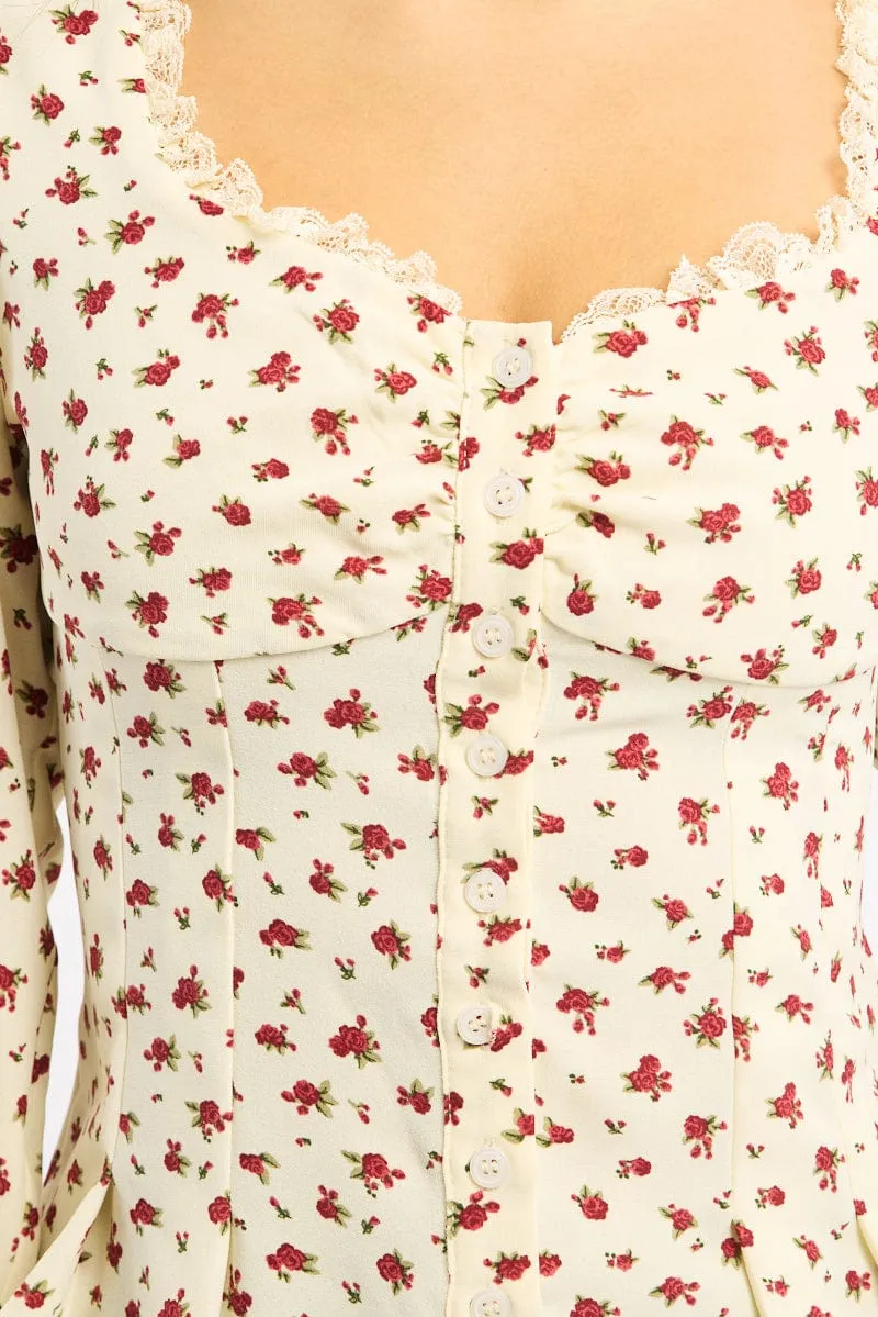 Beige Ditsy Button Up Top Long Sleeve Sweetheart Neckline sold by Ally Fashion product image thumbnail 5