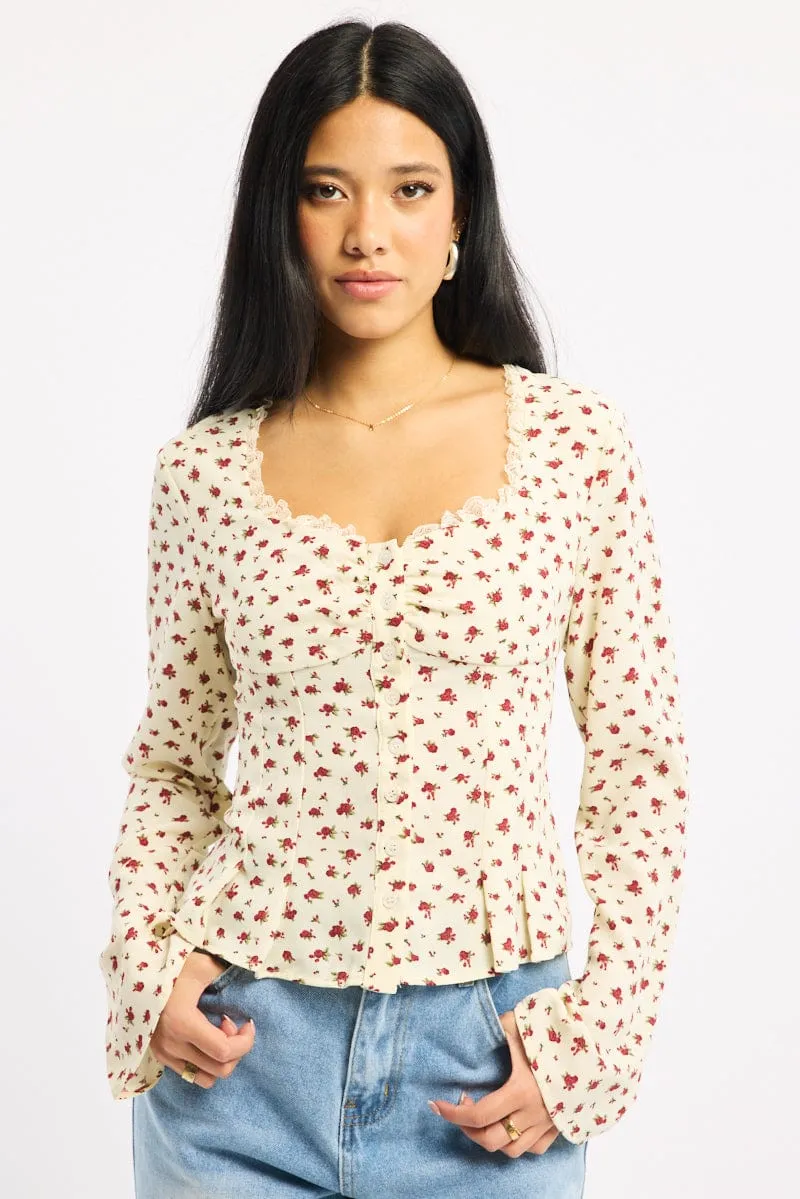Beige Ditsy Button Up Top Long Sleeve Sweetheart Neckline sold by Ally Fashion product image thumbnail 2