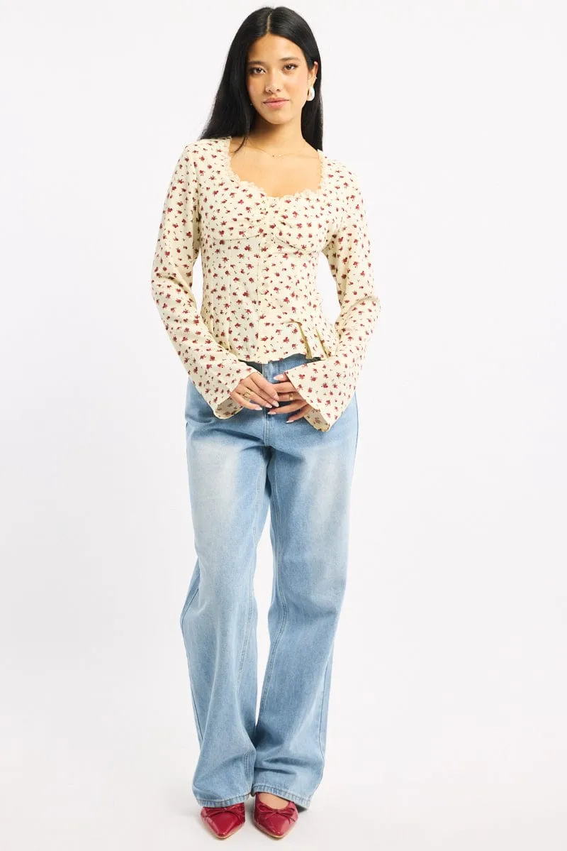 Beige Ditsy Button Up Top Long Sleeve Sweetheart Neckline sold by Ally Fashion product image thumbnail 3