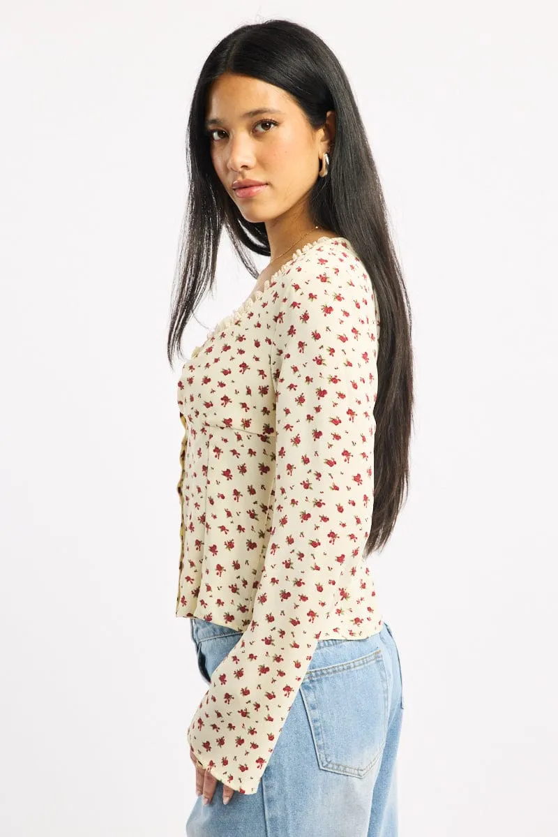 Beige Ditsy Button Up Top Long Sleeve Sweetheart Neckline sold by Ally Fashion product image thumbnail 4