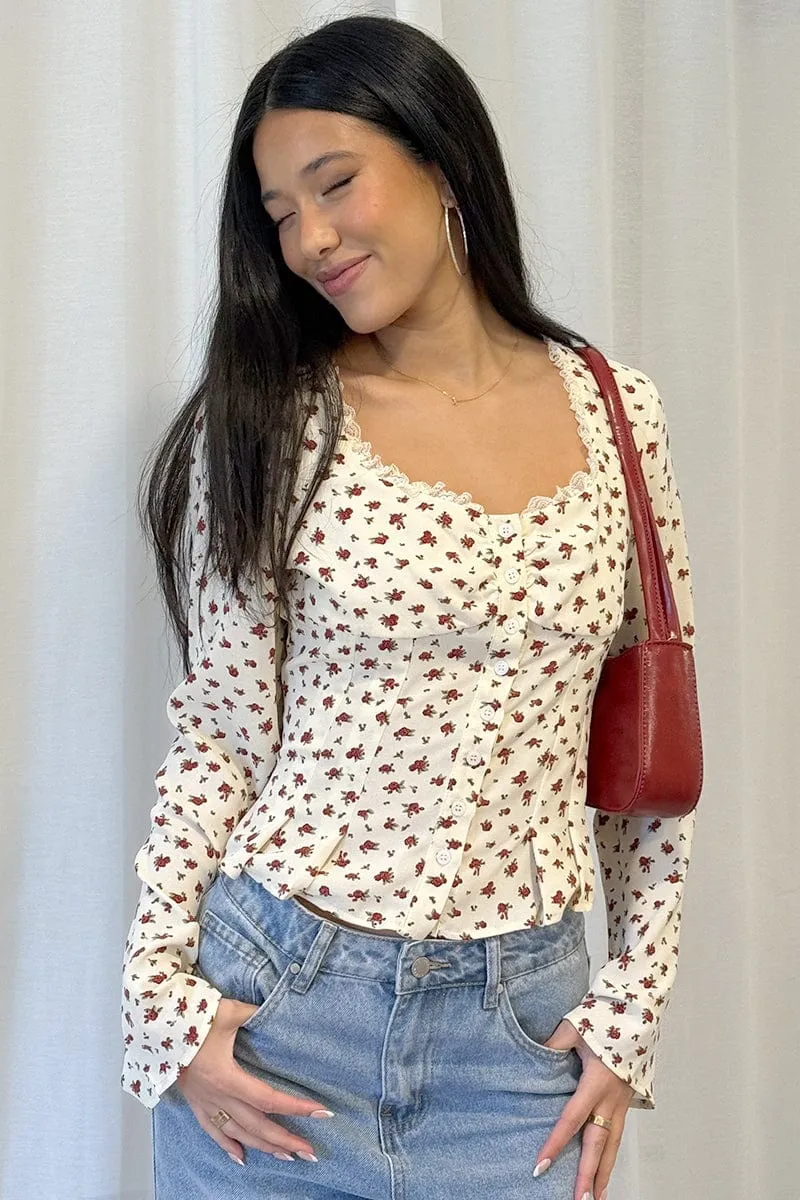 Beige Ditsy Button Up Top Long Sleeve Sweetheart Neckline sold by Ally Fashion