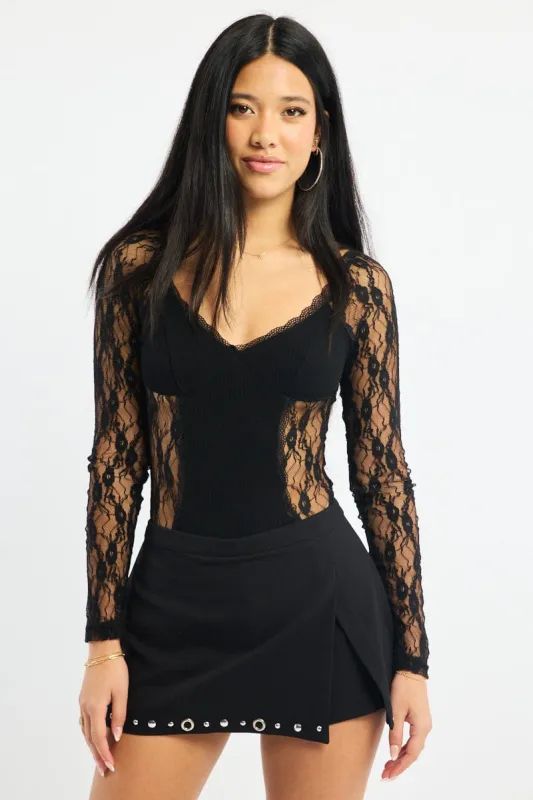 Black Lace Bodysuit Long Sleeve sold by Ally Fashion