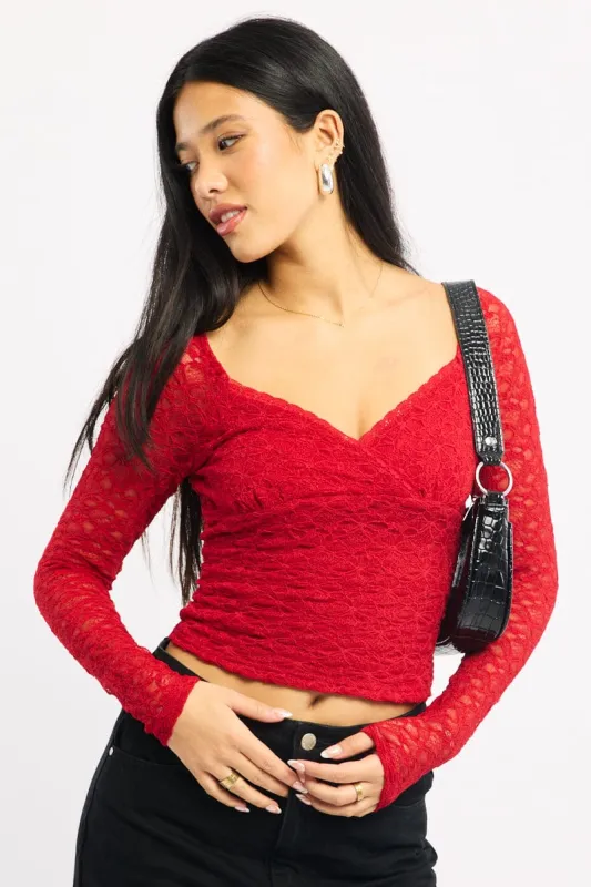 Red Lace Top Long Sleeve sold by Ally Fashion