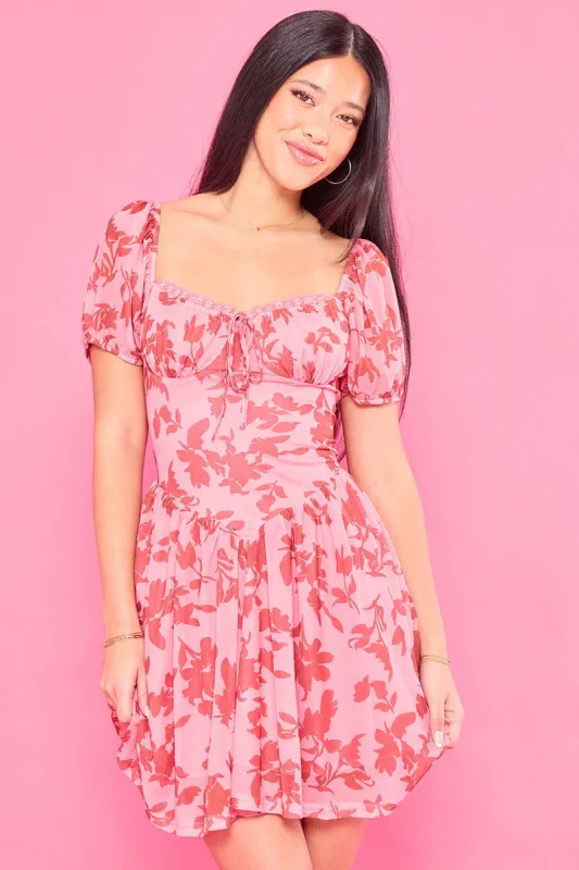 Pink Floral Fit And Flare Dress Puff Sleeve Mesh sold by Ally Fashion
