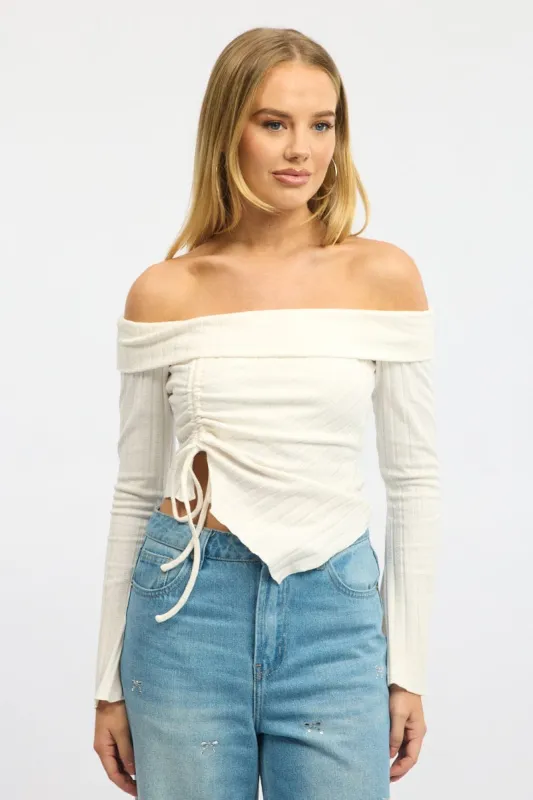 White Off Shoulder Top Long Sleeve Ruched sold by Ally Fashion