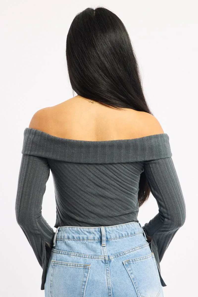 Grey Off Shoulder Top Long Sleeve Ruched sold by Ally Fashion product image thumbnail 4