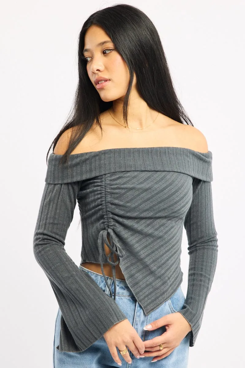 Grey Off Shoulder Top Long Sleeve Ruched sold by Ally Fashion