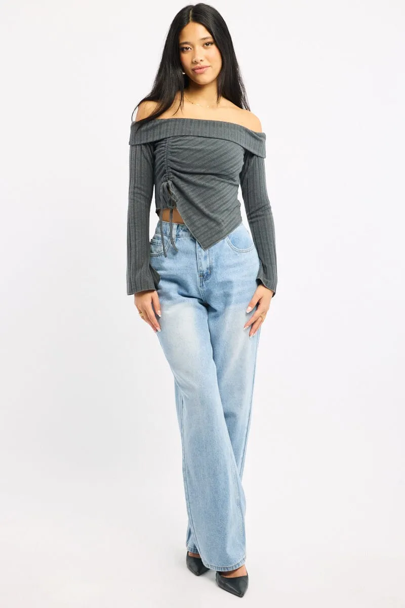 Grey Off Shoulder Top Long Sleeve Ruched sold by Ally Fashion product image thumbnail 2
